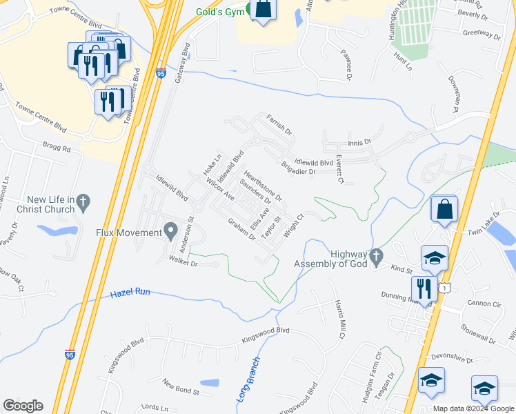 map of restaurants, bars, coffee shops, grocery stores, and more near 1112 Posey Lane in Fredericksburg