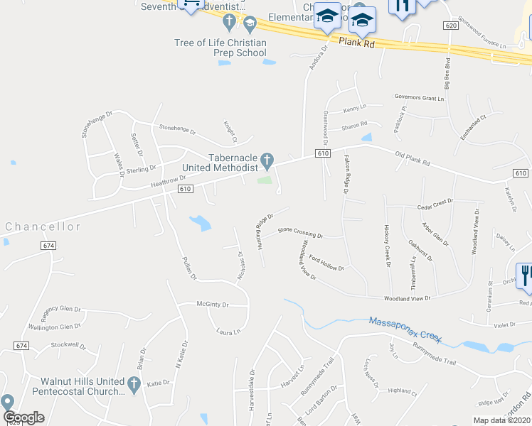 map of restaurants, bars, coffee shops, grocery stores, and more near 11912 Hunting Ridge Drive in Fredericksburg