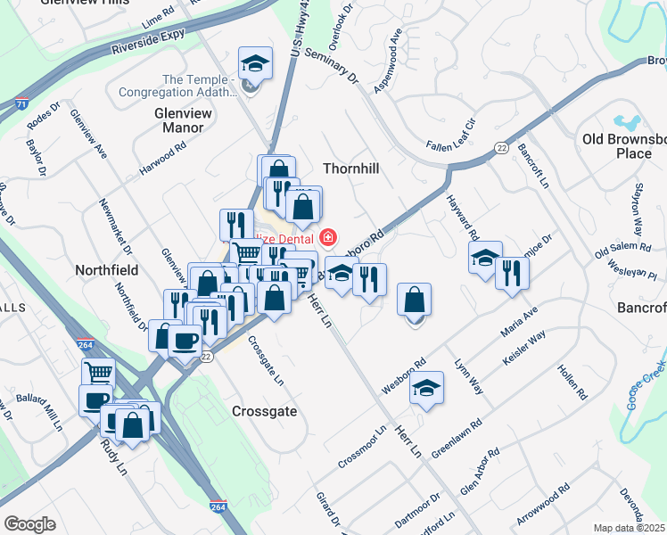 map of restaurants, bars, coffee shops, grocery stores, and more near 6000 Brownsboro Road in Louisville