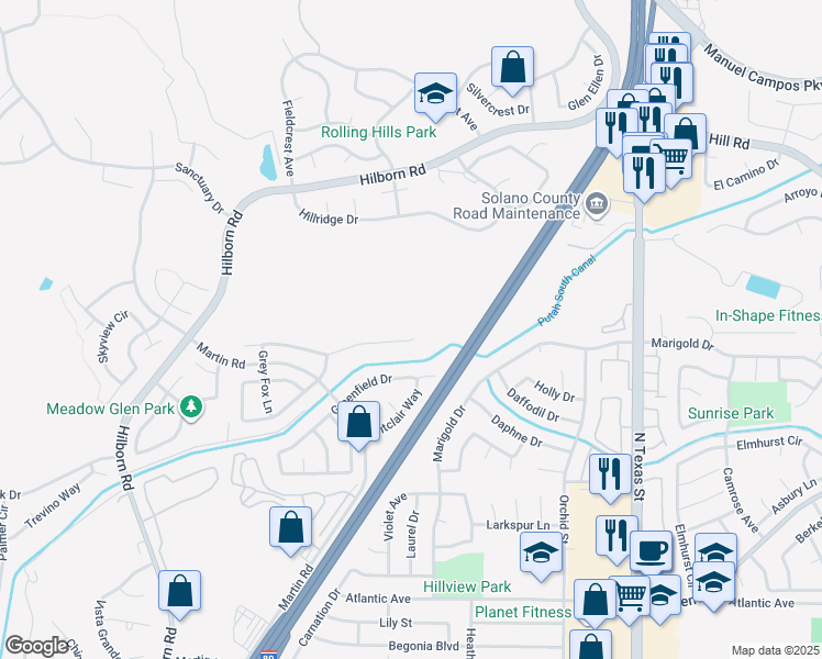 map of restaurants, bars, coffee shops, grocery stores, and more near 2108 Fox Glen Drive in Fairfield
