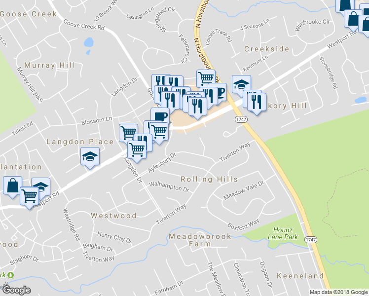 map of restaurants, bars, coffee shops, grocery stores, and more near 9501 Aylesbury Drive in Louisville