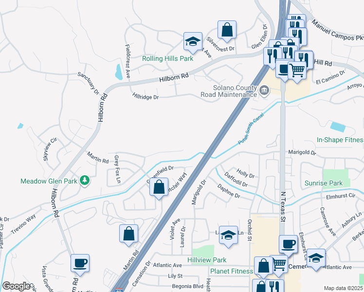 map of restaurants, bars, coffee shops, grocery stores, and more near 2108 Fox Glen Drive in Fairfield