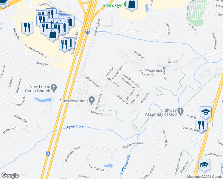 map of restaurants, bars, coffee shops, grocery stores, and more near 1211 Patrick Street in Fredericksburg