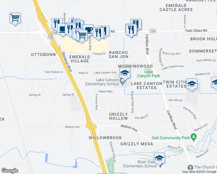 map of restaurants, bars, coffee shops, grocery stores, and more near 762 Corvey Circle in Galt