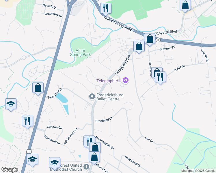 map of restaurants, bars, coffee shops, grocery stores, and more near 100 Adair Street in Fredericksburg