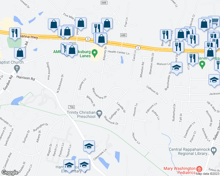 map of restaurants, bars, coffee shops, grocery stores, and more near 5070 Macnamara Drive in Fredericksburg
