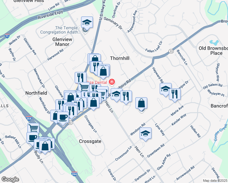 map of restaurants, bars, coffee shops, grocery stores, and more near 6006 Brownsboro Road in Louisville