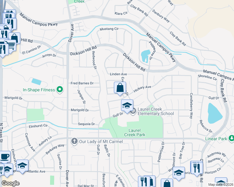 map of restaurants, bars, coffee shops, grocery stores, and more near Pecan Drive in Fairfield