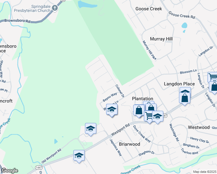 map of restaurants, bars, coffee shops, grocery stores, and more near 8505 Rhett Butler Drive in Louisville