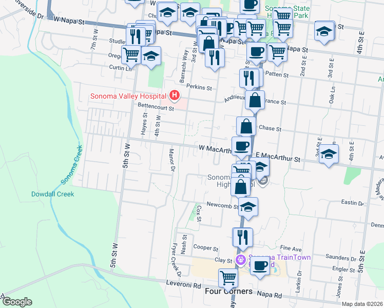 map of restaurants, bars, coffee shops, grocery stores, and more near 269 West Macarthur Street in Sonoma