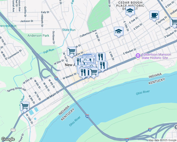 map of restaurants, bars, coffee shops, grocery stores, and more near 205 Bank Street in New Albany