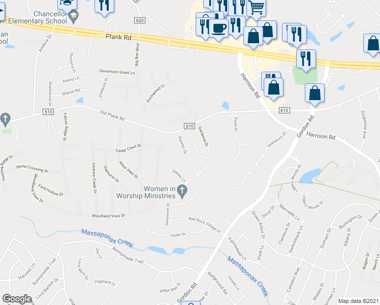 map of restaurants, bars, coffee shops, grocery stores, and more near 11903 Katelyn Drive in Fredericksburg