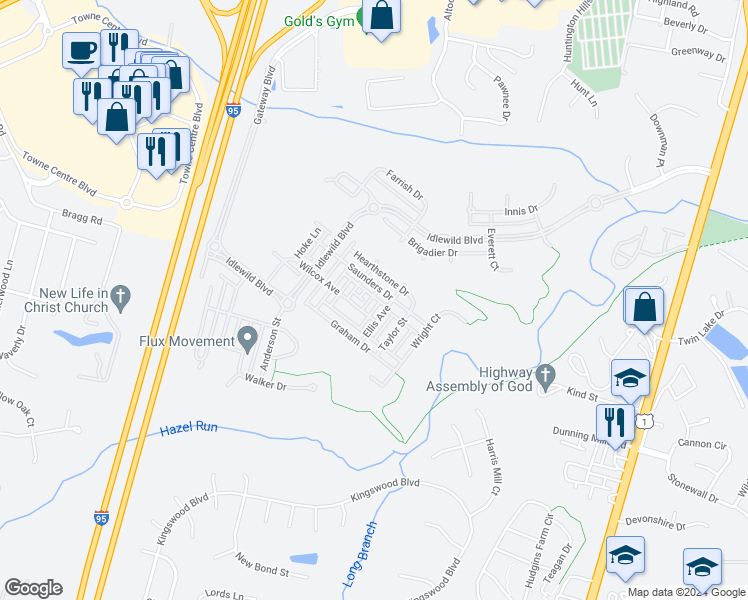 map of restaurants, bars, coffee shops, grocery stores, and more near 1108 Posey Lane in Fredericksburg