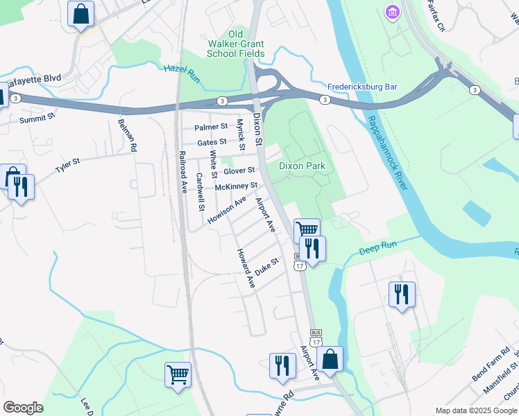 map of restaurants, bars, coffee shops, grocery stores, and more near 1400 Airport Avenue in Fredericksburg