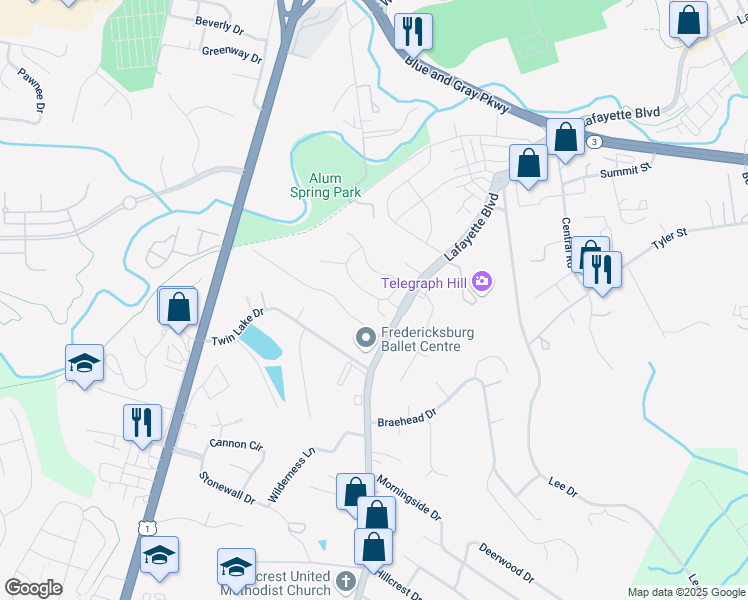 map of restaurants, bars, coffee shops, grocery stores, and more near 1008 West Kensington Circle in Fredericksburg
