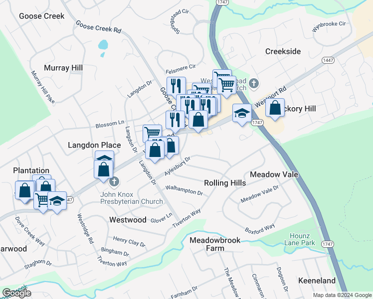 map of restaurants, bars, coffee shops, grocery stores, and more near 2829 Goose Creek Road in Louisville