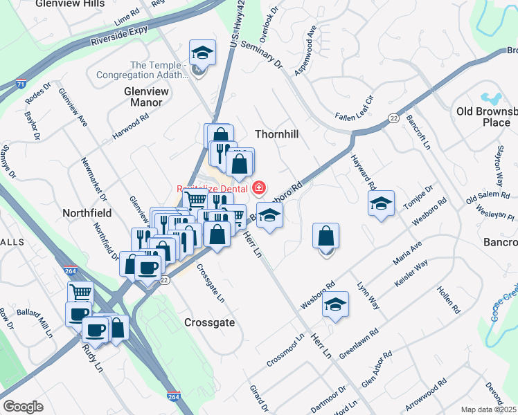 map of restaurants, bars, coffee shops, grocery stores, and more near 2321 Lime Kiln Lane in Louisville