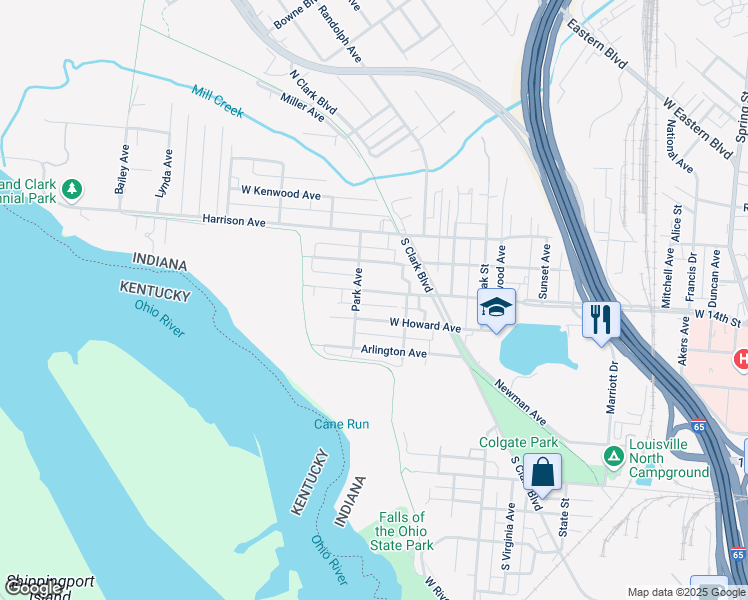 map of restaurants, bars, coffee shops, grocery stores, and more near 419 West Howard Avenue in Clarksville