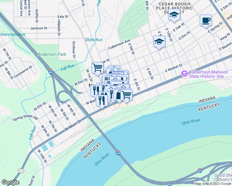 map of restaurants, bars, coffee shops, grocery stores, and more near 223 Pearl Street in New Albany