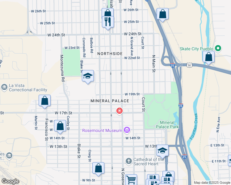 map of restaurants, bars, coffee shops, grocery stores, and more near 517 West 19th Street in Pueblo