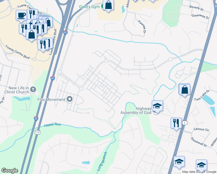 map of restaurants, bars, coffee shops, grocery stores, and more near 1206 Saunders Drive in Fredericksburg