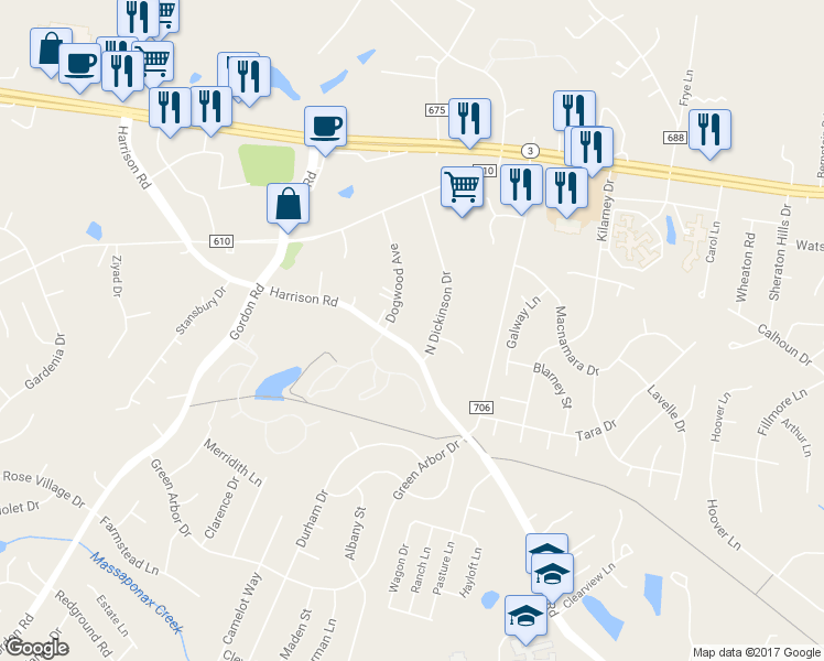 map of restaurants, bars, coffee shops, grocery stores, and more near 6615 Harrison Road in Fredericksburg