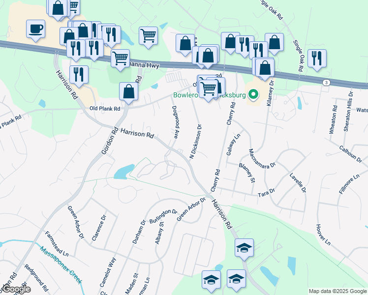 map of restaurants, bars, coffee shops, grocery stores, and more near 6615 Harrison Road in Fredericksburg