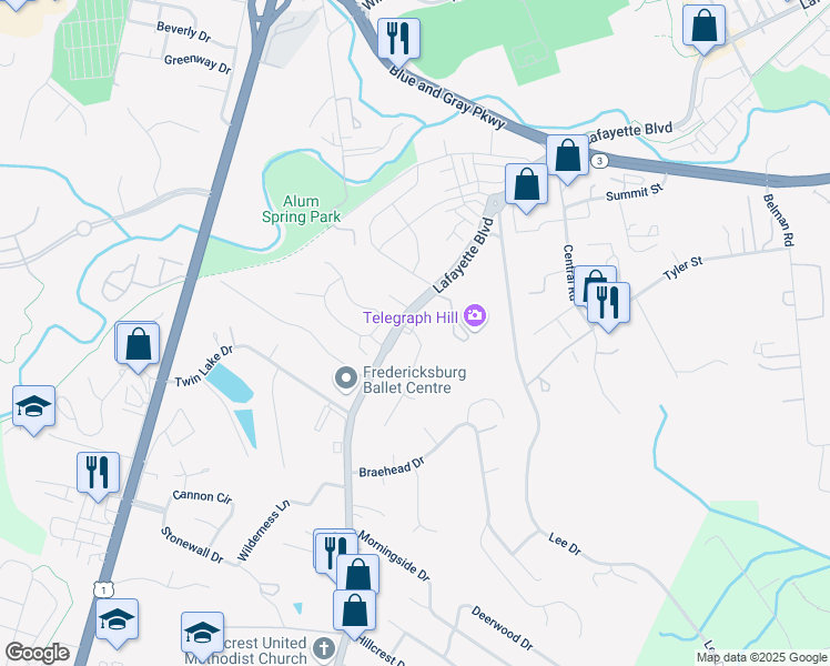 map of restaurants, bars, coffee shops, grocery stores, and more near 117 Adair Street in Fredericksburg