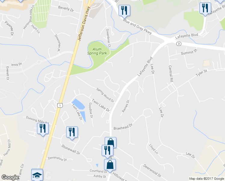 map of restaurants, bars, coffee shops, grocery stores, and more near 1012 West Kensington Circle in Fredericksburg