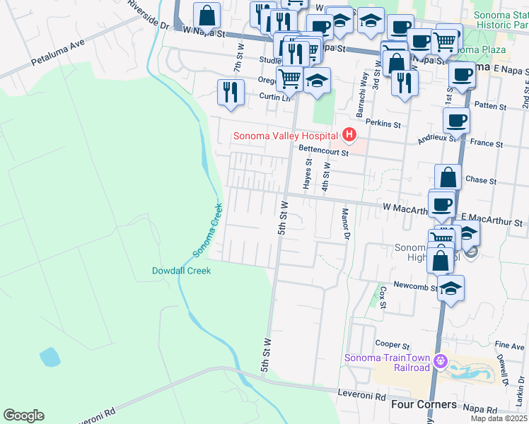 map of restaurants, bars, coffee shops, grocery stores, and more near 220 Cazares Circle in Sonoma