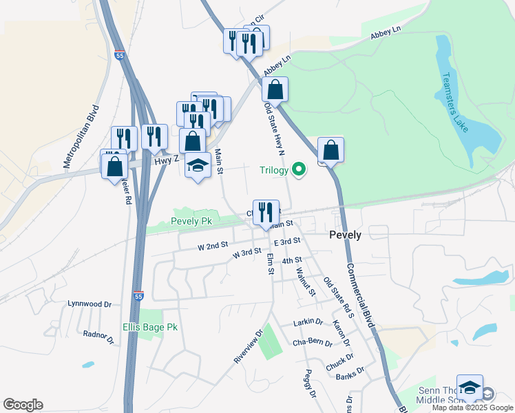 map of restaurants, bars, coffee shops, grocery stores, and more near 235 Charles Street in Pevely