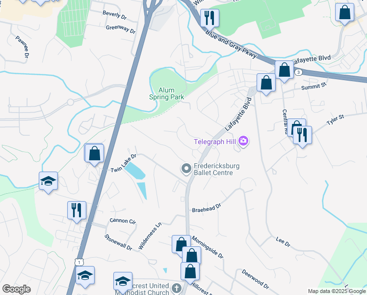 map of restaurants, bars, coffee shops, grocery stores, and more near 1012 West Kensington Circle in Fredericksburg