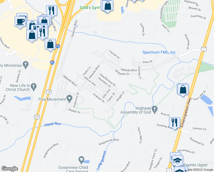 map of restaurants, bars, coffee shops, grocery stores, and more near 1212 Saunders Drive in Fredericksburg