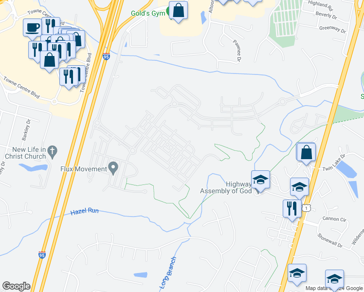 map of restaurants, bars, coffee shops, grocery stores, and more near 1203 Saunders Drive in Fredericksburg