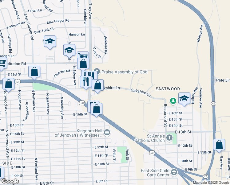 map of restaurants, bars, coffee shops, grocery stores, and more near 2300 Oakshire Lane in Pueblo