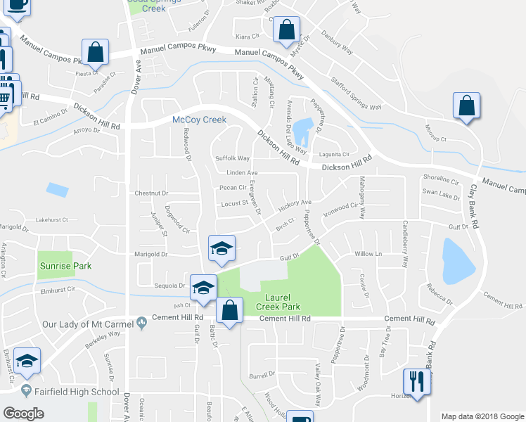 map of restaurants, bars, coffee shops, grocery stores, and more near 3006 Evergreen Drive in Fairfield