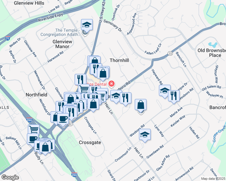 map of restaurants, bars, coffee shops, grocery stores, and more near 2321 Lime Kiln Lane in Louisville