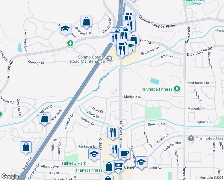 map of restaurants, bars, coffee shops, grocery stores, and more near 3061 Marigold Drive in Fairfield