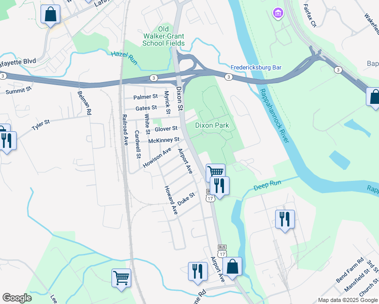 map of restaurants, bars, coffee shops, grocery stores, and more near 1305 Dixon Street in Fredericksburg