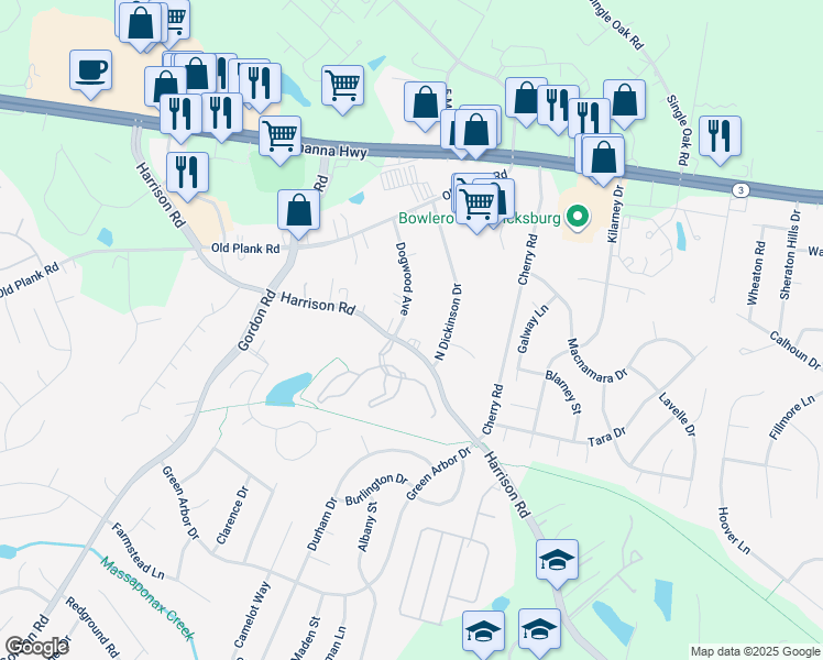 map of restaurants, bars, coffee shops, grocery stores, and more near 6623 Harrison Road in Fredericksburg