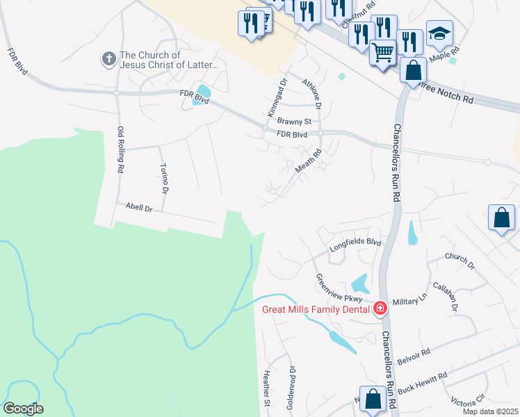 map of restaurants, bars, coffee shops, grocery stores, and more near 45481 Wicklow Way in Great Mills