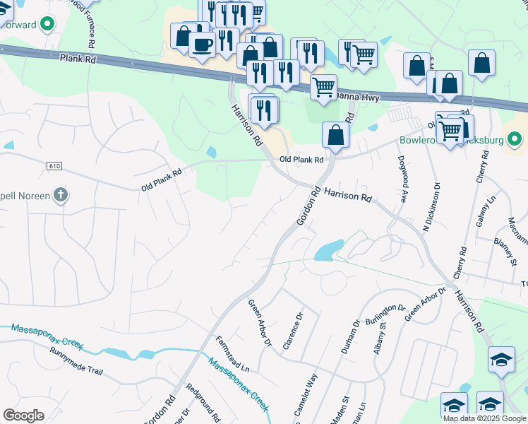 map of restaurants, bars, coffee shops, grocery stores, and more near 12002 Stansbury Drive in Fredericksburg