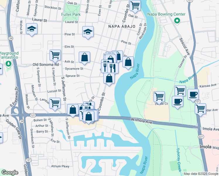 map of restaurants, bars, coffee shops, grocery stores, and more near 101 South Coombs Street in Napa
