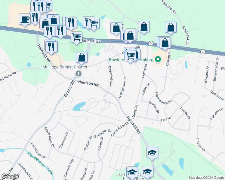map of restaurants, bars, coffee shops, grocery stores, and more near 6623 Harrison Road in Fredericksburg