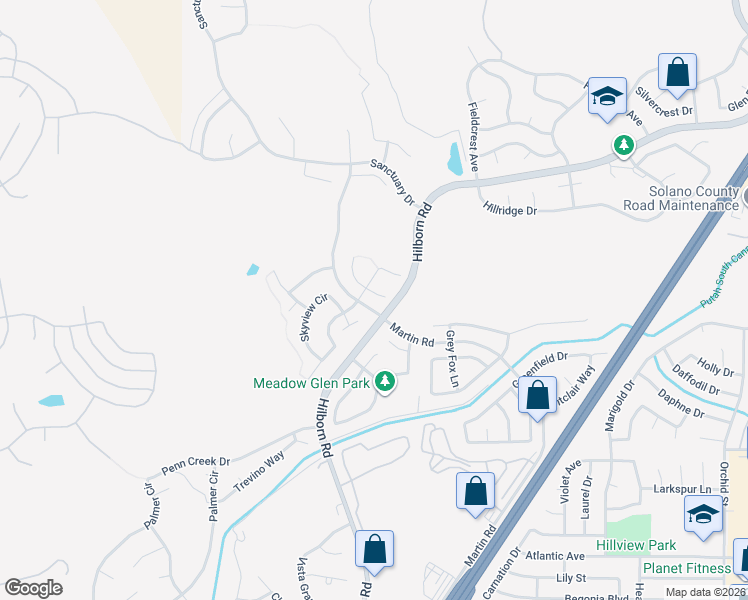 map of restaurants, bars, coffee shops, grocery stores, and more near 2309 Edmund Court in Fairfield