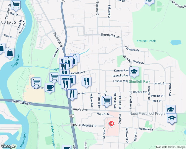 map of restaurants, bars, coffee shops, grocery stores, and more near 2052 Wilkins Avenue in Napa