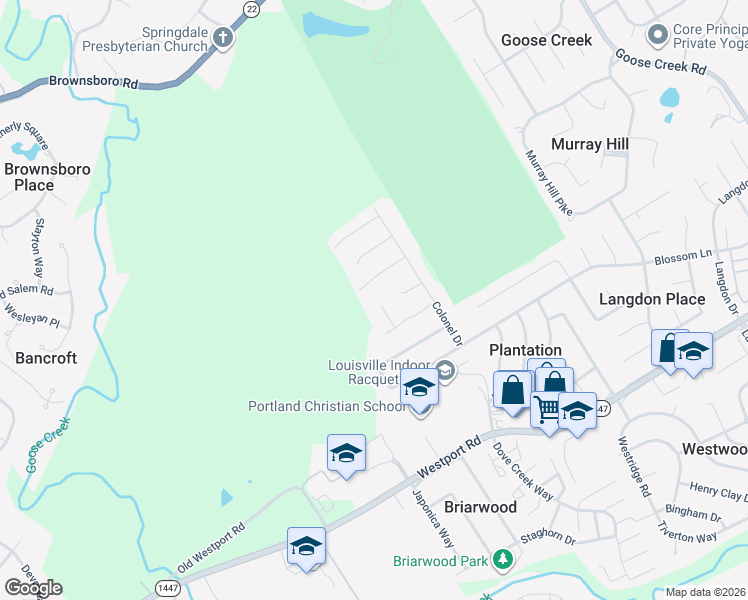 map of restaurants, bars, coffee shops, grocery stores, and more near 2504 Rhett Court in Louisville
