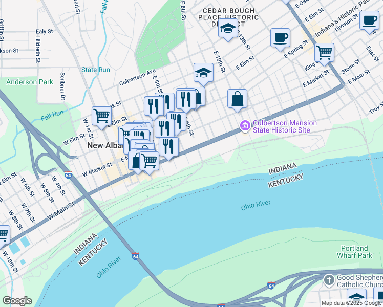 map of restaurants, bars, coffee shops, grocery stores, and more near 35 East 6th Street in New Albany