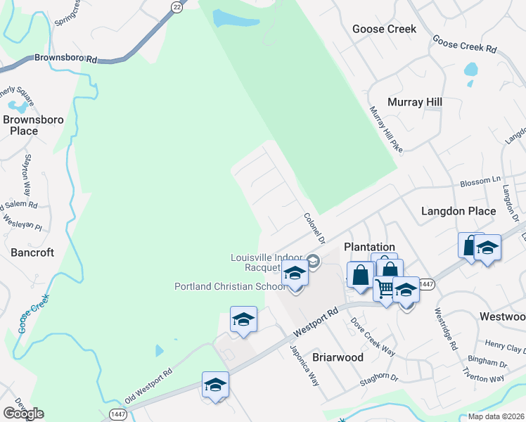 map of restaurants, bars, coffee shops, grocery stores, and more near 2504 Rhett Court in Louisville