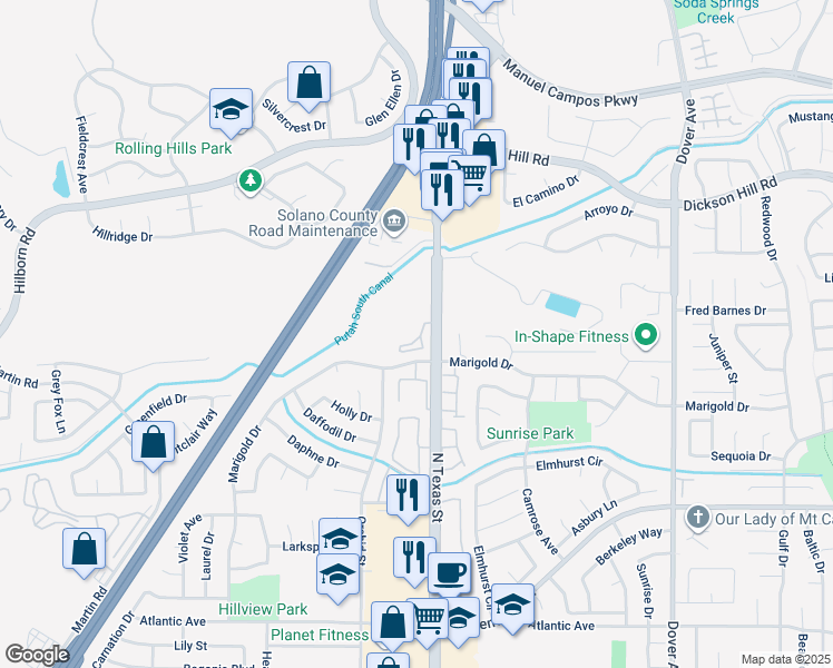 map of restaurants, bars, coffee shops, grocery stores, and more near 3001 North Texas Street in Fairfield